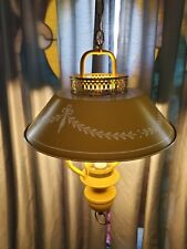 Mid Century Hanging Lamp Yellow w/ white ribbon. Chain. MCM glass & Steel. C-930