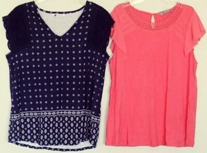 Rockmans + Katies TOPS Tunic Shirts Navy & Peach crochet trim LOT x2~ Women sz L - Picture 1 of 4