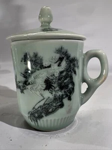 Antique Chinese Longquan Celadon Stork Covered Mug Cup With Lid - Picture 1 of 14
