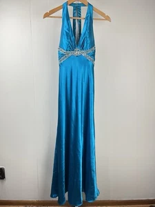 Cache Formal Dress Gown Turquoise Beaded Satin Sleeveless Y2K Womens Size 2 - Picture 1 of 9
