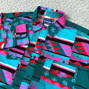 Wrangler Western Shirt Mens Large Teal Aztec Southwestern Brushpopper Button Up - Picture 1 of 11