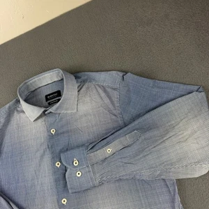 Bugatchi Shirt Men's M Blue 8 Way Stretch OoohCotton Geometric Gingham Faded - Picture 1 of 12