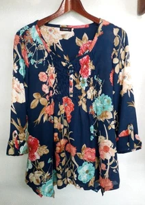 Cocomo Women's Roll Tab 3/4 Sleeve Blue Floral Colorful Tunic Top Size M Blouse - Picture 1 of 4
