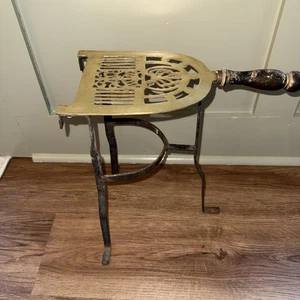 Antique Fireplace TRIVET, Kettle Stand Solid Brass & Wrought Iron Penny Foot 14” - Picture 1 of 9
