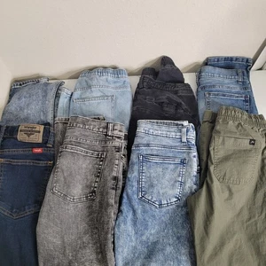 Boys size 12 slim jean lot 8 chambray denim elasic waist button zip school play - Picture 1 of 17