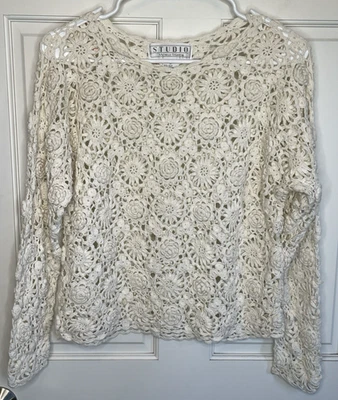 Vintage 90s Women's Crochet Knit Sweater Sz M Long Sleeve Cottagecore Grandma - Изображение 1 из 4