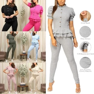 Women's Peplum Cap Sleeve Frill Button Loungewear Suit Ladies 2Pcs Tracksuit Set - Picture 1 of 10