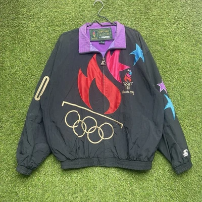 Chaqueta de iniciación vintage de los Juegos Olímpicos de Atlanta 1996 para hombre XL negra 100 años Big Flame Foto 1 de 4