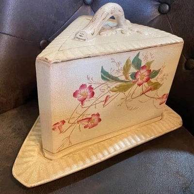 Antiguo plato de cerámica para pan de pastel de queso de 2 piezas con tapa Foto 1 de 4