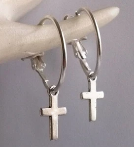 20mm Charm Hoops Silver Plate Cross Hoop Earrings - Picture 1 of 1