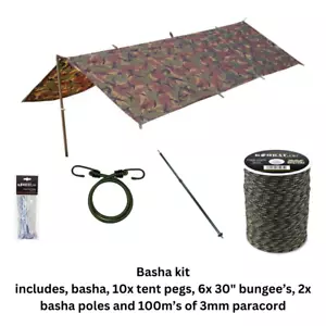 Complete Basha Kit - Waterproof Tarp, Tent Pegs, Bungees, Poles & 100m Paracord - Picture 1 of 5