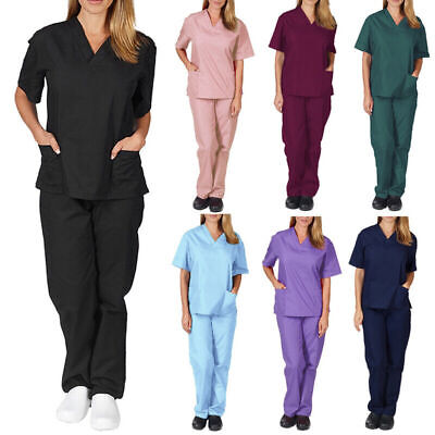 Women Men Medical Doctor Nursing Scrubs Costume Uniform Workwear Top + Long Pant • 10.99£
