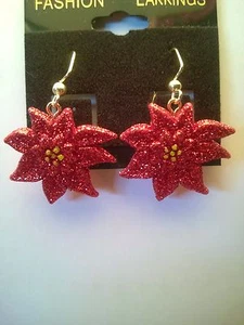 Poinsettia Christmas Glittery Dangle Earring (quarter size) - Picture 1 of 3