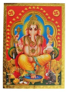 LORD GANESH Gold Foil Embossed Hindu God Picture Approx. 13.2 cm x 18.4 cm - Picture 1 of 3
