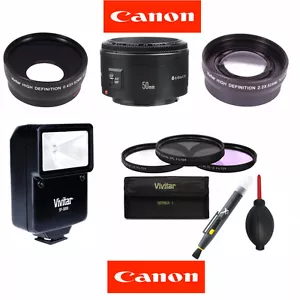 Canon EF 50 mm F/1.8 II Lens + FLASH KIT FOR CANON EOS REBEL T1 T2 T3 T3I T5 T5I - Picture 1 of 10