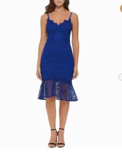 GUESS Flounce-Hem Lace Fit & Flare Dress Cobalt 14 MSRP: $ 148.00 - Picture 1 of 4