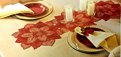 Lazer Die Cut Vinyl Lace Christmas Red Metallic Poinsettia Table Runner  36x13.5 - Image 1 of 4
