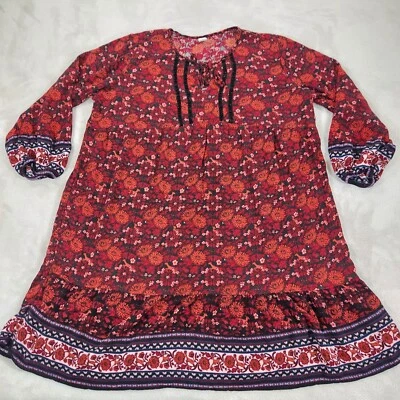 Old Navy Womens Dress Shirt Extra Large Pullover Red Floral Pleat Hippie Boho - Image 1 of 4