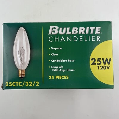 25 Bulbrite 490025 Chandelier 120V 25W B10 Candelabra Clear Torpedo Dimmable - Image 1 of 3