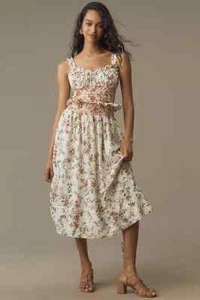 NWT Anthropologie Sleeveless Smocked-Waist Ruffled Midi Dress XL White Floral - Picture 1 of 10