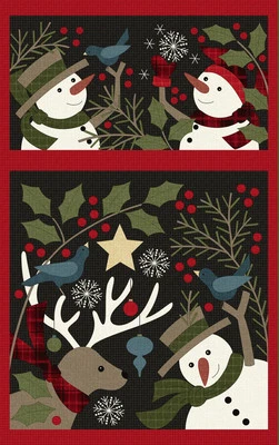 Black Snowmen Panel 27in x  42in Holly Jolly Flannel by Bonnie Sullivan - Image 1 of 4