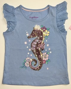 Tommy Bahama Toddler Girl's XS 4 Sequin Seahorse Top Blue Embroidered Shirt NWT - Picture 1 of 20