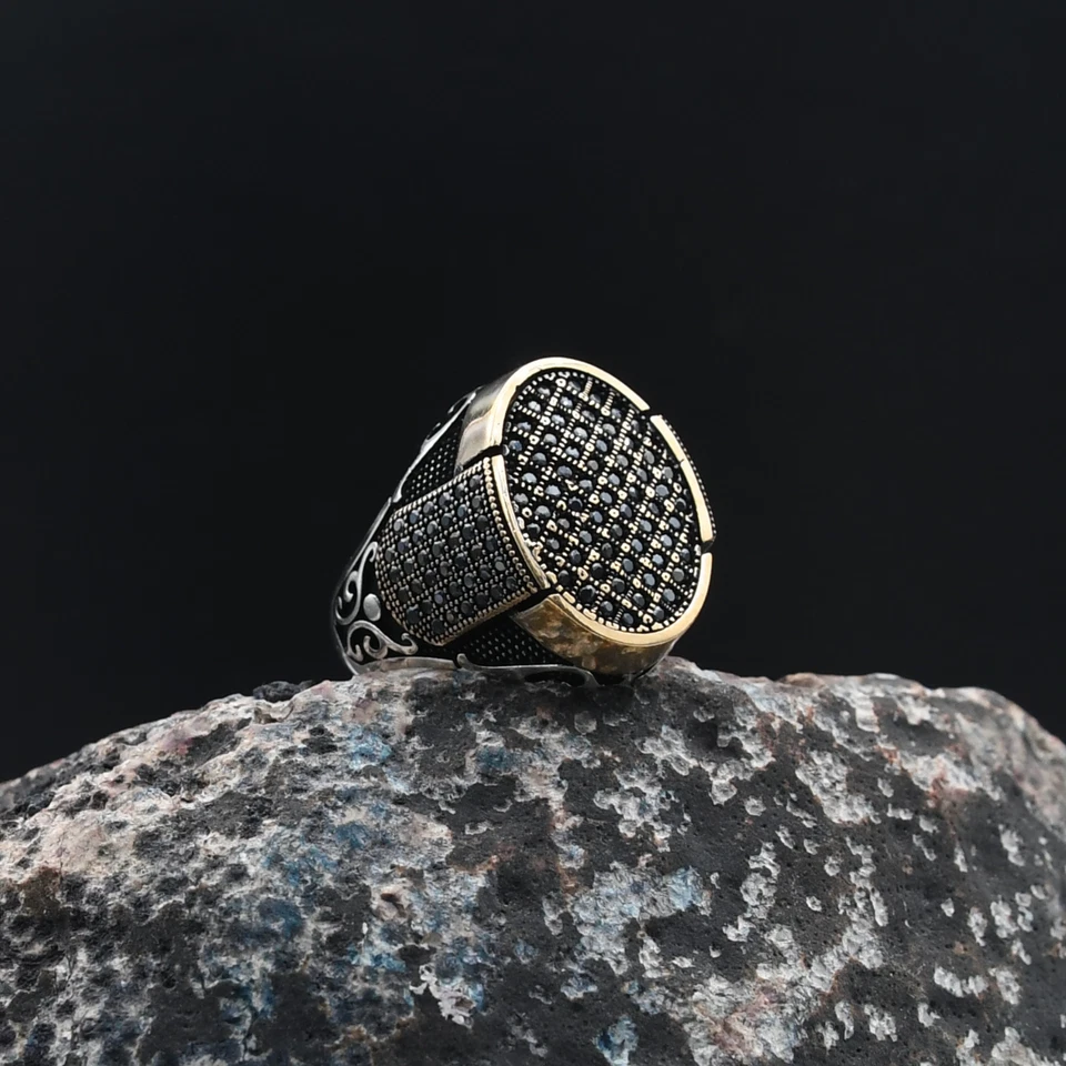 Anillo de plata de ley 925 hecho a mano turco con piedras preciosas de micro circón para hombre Foto 1 de 4