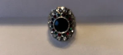 Sterling Silver Oval Black Gemstone, Surrounding Ruby Red & Green Size 9.75,8.75 - Image 1 of 4