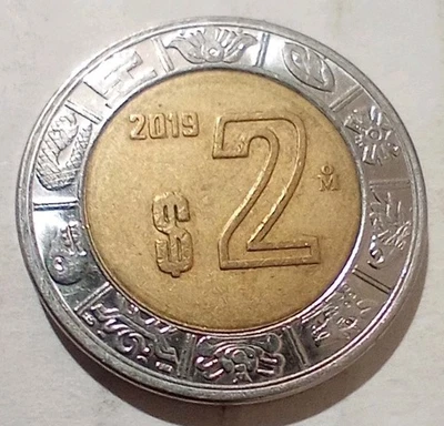 Mexico 2 Pesos Coin 2019 Bimetallic Aztec Calendar Ring Of Days - Image 1 of 2