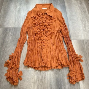 Blusa Top Vintage Y2K Kaelyn-Max Naranja Arrugada Flor Volantes Botón Talla XL - Imagen 1 de 9