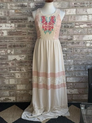 Champagne & Strawberry Cream Lace Floral Embroider Maxi Dress Medium Prairie - Image 1 of 4