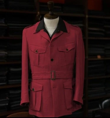 Linen Mens Safari Jacket with Belt British Style Casual Coat Summer Beach Blazer - Image 1 of 4