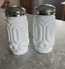 L.E. Smith Moon and Star Milk Glass Salt and Pepper Shakers & Metal Lids MCM