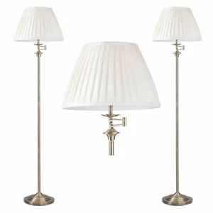 Set of 2 Antique Brass Swing Arm Floor Lamp Standard Lights White Pleated Shade - Picture 1 of 10