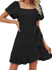 Womens Summer Dresses Square Neck Puff Sleeve Tie Waist Casual Mini Short Dress - Picture 1 of 12