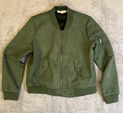 Chaqueta de bombardero Anthropologie verde bosque con cremallera de cobre y bolsillos a presión talla S Foto 1 de 4
