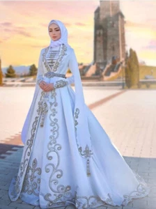 White Muslim Wedding Dresses Caftan Gold Appliques Ball Gown Bride Dress Belt - Picture 1 of 6