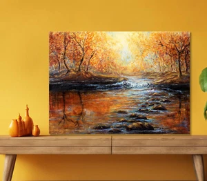 Forest & River Oil Painting 5mm thick Plastic Poster Ready to Hang 60x45cm - Picture 1 of 3