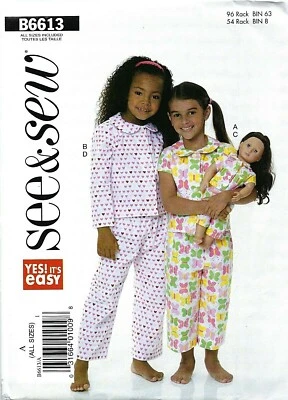 Butterick See & Sew B6613 Matching Pajamas for Girls & 18" Dolls Sz 2-8 UNCUT - Image 1 of 4