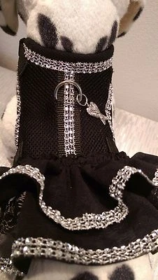 Hundegeschirr XS Softgeschirr Rosenmuster  Rüschen Strass schwarz Spitze Mesh - Bild 1 von 4