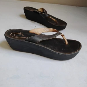 Olukai Sandals Womens 10 Wedge Slip On Leather Thong Comfort Halia Beach - Picture 1 of 15