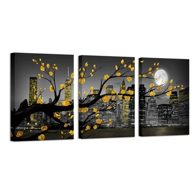 Arte de pared de la ciudad de Nueva York amarillo gris flor pintura cuadro floral negro blanco... Foto 1 de 4