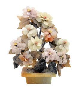 Vintage Edelstein Bonsai Baum Skulptur Rosenquarz Jade Blumen im Onyx Topf - Bild 1 von 7