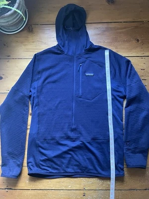 Pulôver Patagonia com capuz masculino grande azul R1 com capuz malha waffle 3/4 zíper Polartec - Imagem 1 de 4