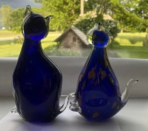 VTG 2 Italian Murano HAND BLOWN GLASS CATS Cobalt Blue Gold LUXURY 8.5” & 7.25” - Picture 1 of 10