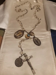 Vintage Creed Sterling Silver Catholic Rosary Crucifix Pendant Necklace Crystal - Picture 1 of 13