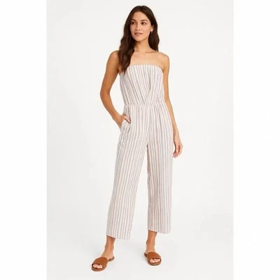 DREW Emerson Linen Stripe Strapless Jumpsuit Large - Image 1 of 4
