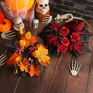 Reusable Maple Leaf Rose Candle Ring Mini Autumn Wreath Home Decoration - Picture 1 of 10