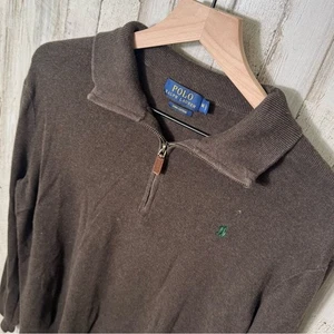 Polo Ralph Lauren Brown Pima Cotton Ribbed Half Quarter Zip Sweater Mens Medium - Picture 1 of 4