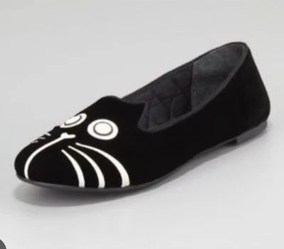 Mocassim de veludo MARC by Marc Jacobs 39,5 Rue Kitty preto rosto de gato sem salto - Imagem 1 de 4